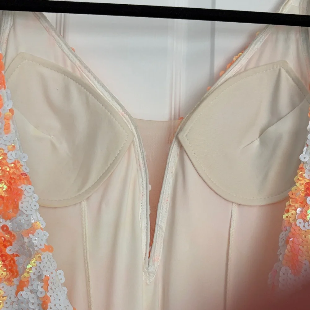 Jovani Coral & White Sequin Floral Prom Dress style 08257 - Picture 10 of 15